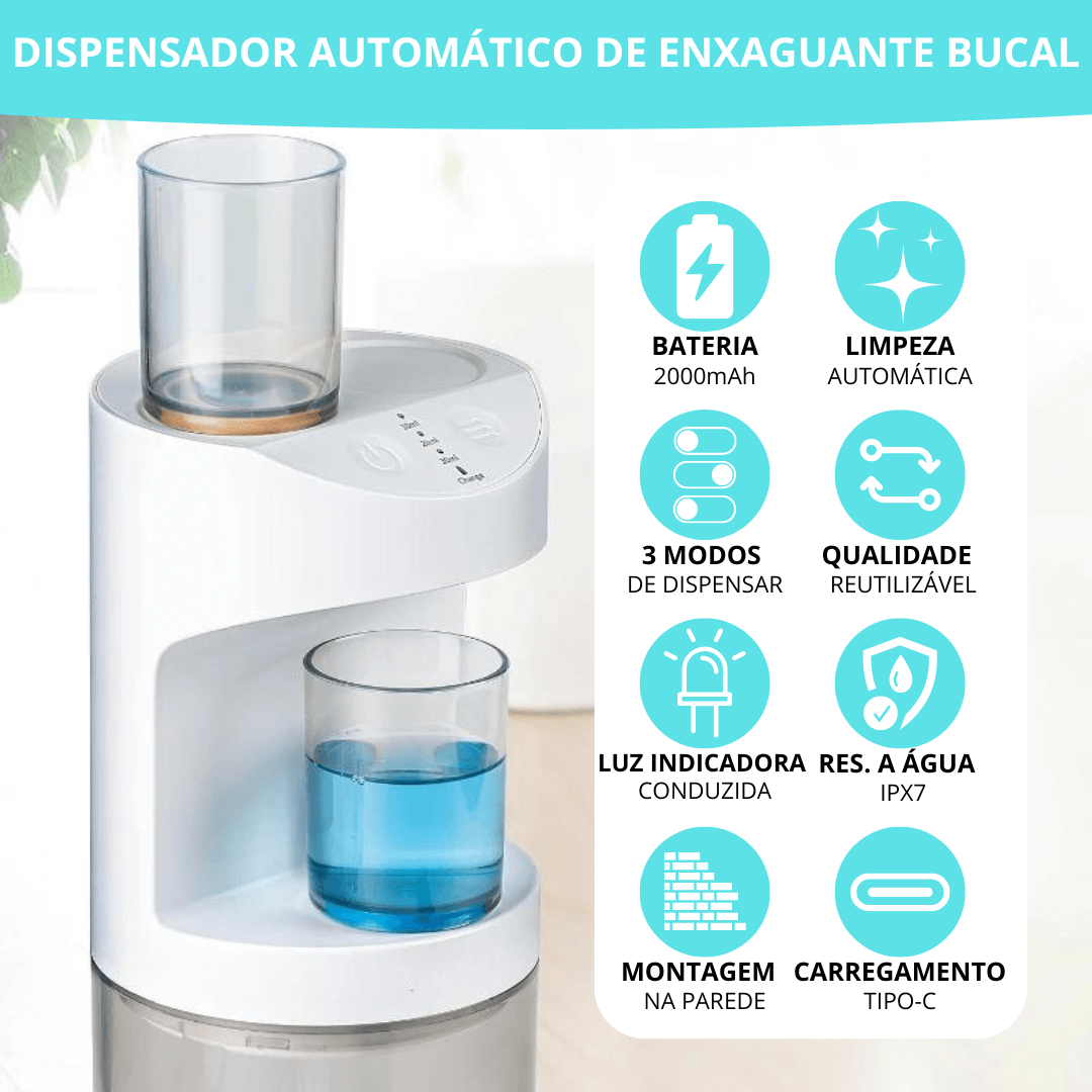 DISPENSADOR AUTOMÁTICO DE ENXAGUANTE BUCAL, ANTI-VAZAMENTOS + 2 COPOS