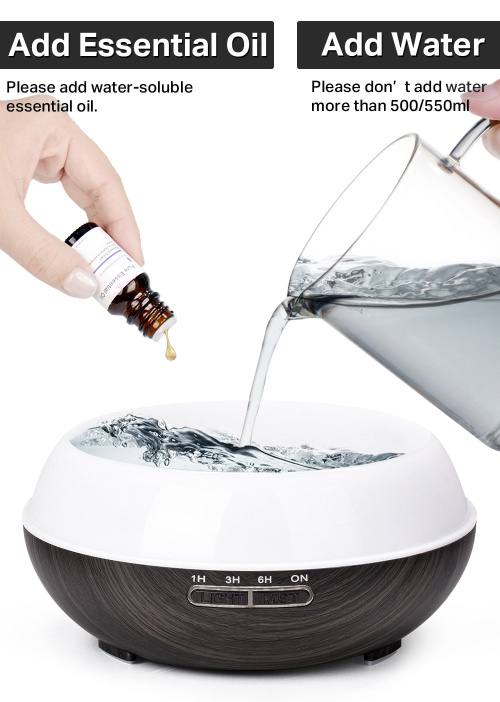 Difusor de óleo essencial de aromaterapia grão de madeira controle remoto umidificador de ar ultra-sônico fresco com luz LED de 7 cores